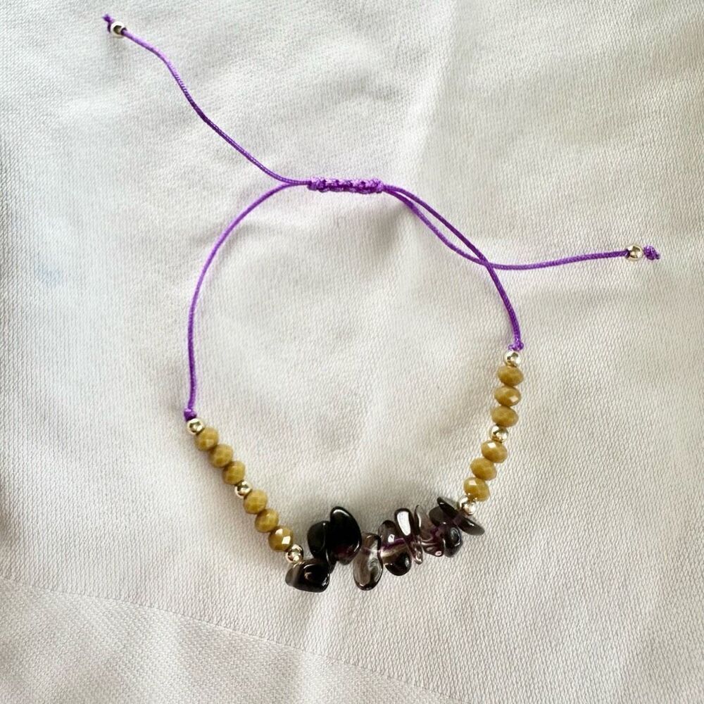 Purple, gold, and brown color stone and sparkly bead friendship bracelet